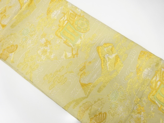 JAPANESE KIMONO / ANTIQUE FUKURO OBI / SILK / WOVEN CARRIAGE & FLOWER